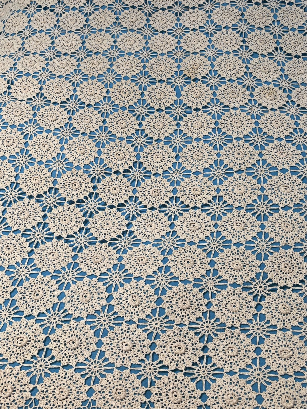Vintage Crochet Lace Panel in Cream over Blue